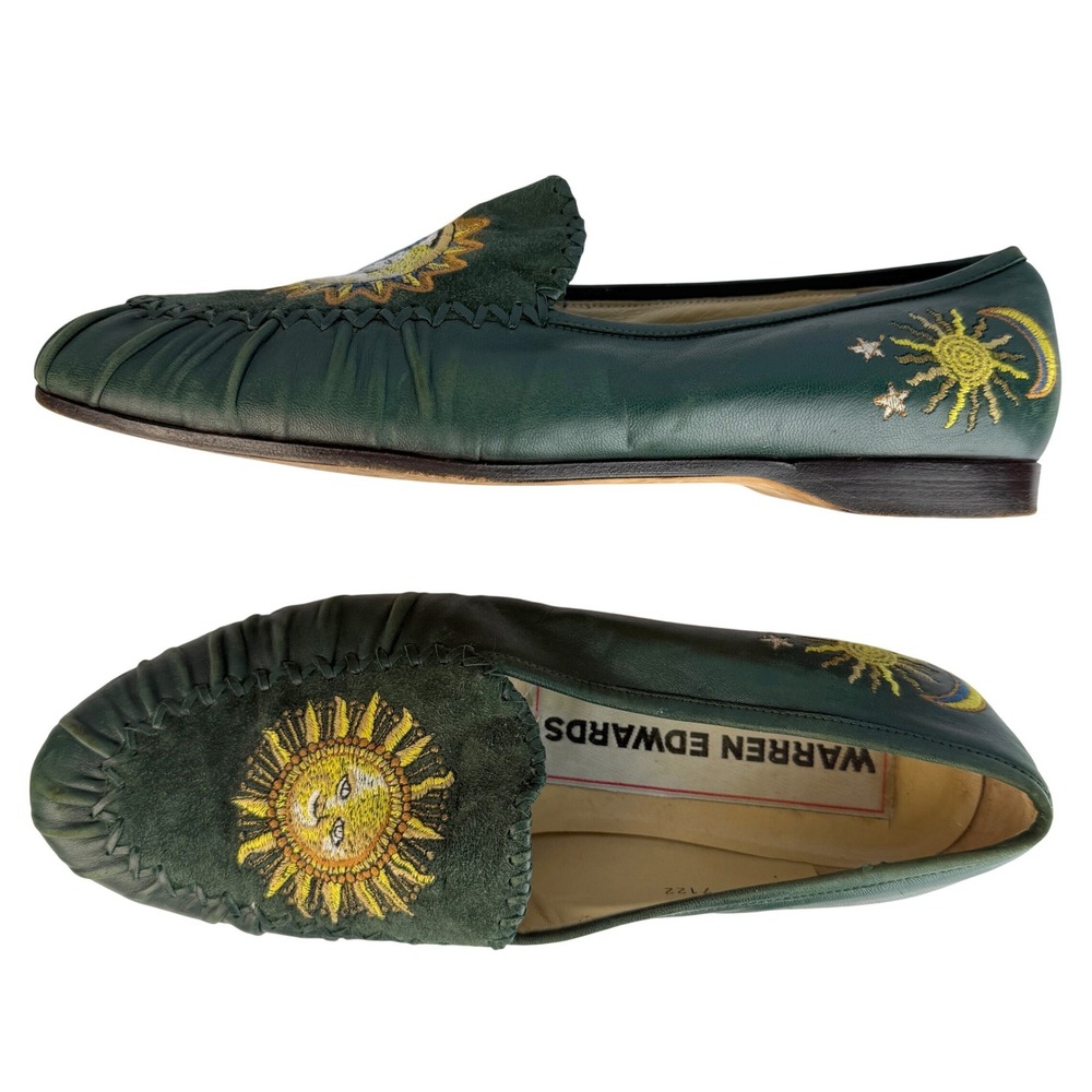 Susan Bennis Warren Edwards Leather Loafers Green Sun Moon Embroidery Italian - Picture 3 of 13